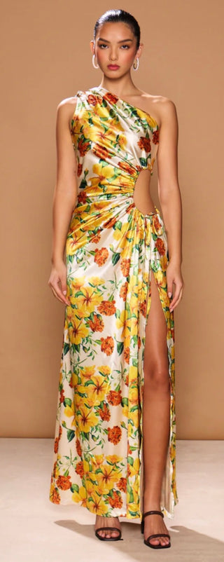 SONYA asymmetrical sleeveless floral satin long dress, M