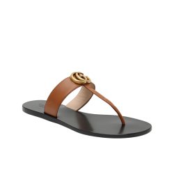 Gucci Leather GG Marmont Thong Flat Sandals Brown Black Women's Size EU 37