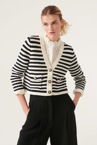 Ba&sh Gamden Striped Long Sleeve Cropped Knit Cardigan Sweater Cream Black XL
