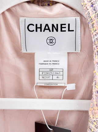 CHANEL Cotton-Blend Notch Lapel Tweed Blazer Pastel Pink & Purple FR 46 / US 14