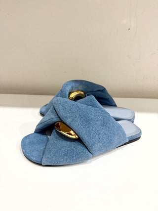 NWOT JW Anderson Denim Gold Buckle Chunky Flat Slide Sandals Blue Women's EU 40