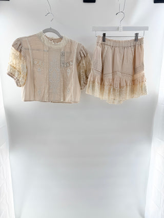 LoveShackFancy embroidered lace insert set top and mini skirt, top M / bottom S