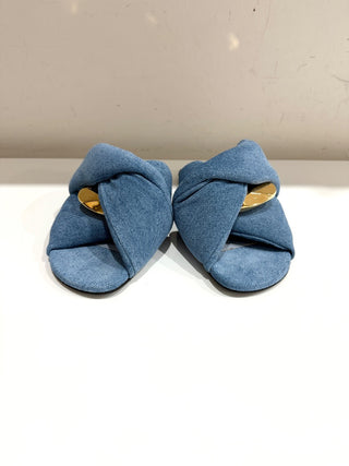 NWOT JW Anderson Denim Gold Buckle Chunky Flat Slide Sandals Blue Women's EU 40