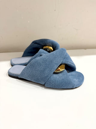 NWOT JW Anderson Denim Gold Buckle Chunky Flat Slide Sandals Blue Women's EU 40