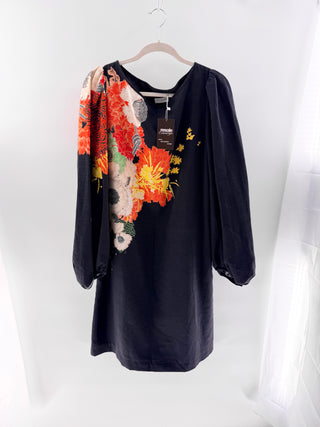 Dries Van Noten Floral Print Balloon Sleeve Mini Shift Dress Black Women's 44