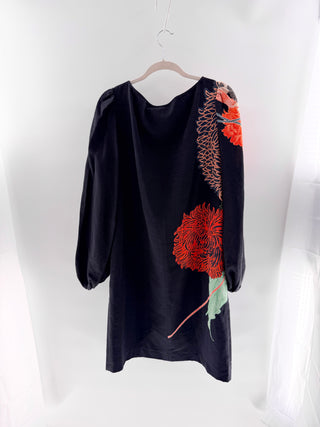 Dries Van Noten Floral Print Balloon Sleeve Mini Shift Dress Black Women's 44