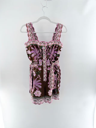 Farm Rio romper designed with wide scalloped shoulder straps and matching scalloped trim along neckline, and tie details, XS