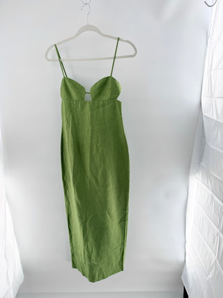 Reformation malibu linen midi dress crafted from lightweight linen, designed with structured sweetheart bodice and subtle front cutout connected by center bar detail, 2