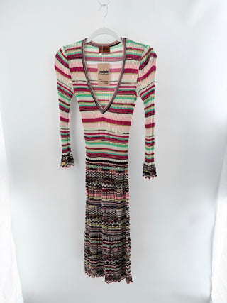 Missoni Knit Chevron Striped Long Sleeve V-Neck A-Line Midi Dress Multi Women XS