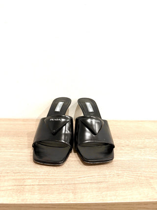 Prada Triangle Logo Patent Leather Flared Heel Mules Sandals Black Size EU 37.5