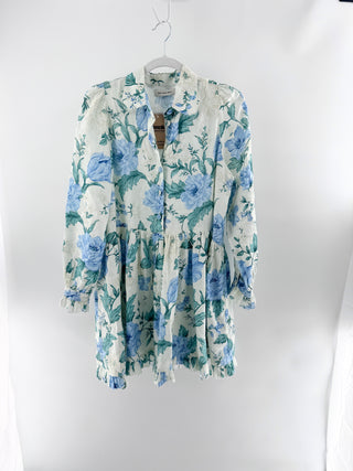 morton mac floral linen dress designed with collared neckline, partial button front, gathered waist and voluminous long sleeves, M