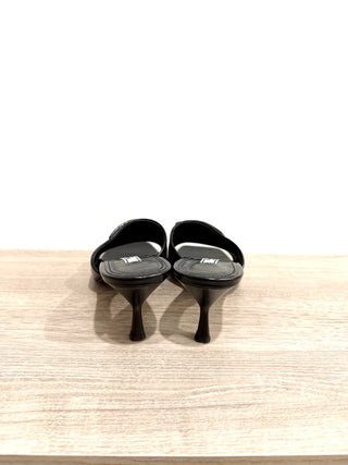 Prada Triangle Logo Patent Leather Flared Heel Mules Sandals Black Size EU 37.5