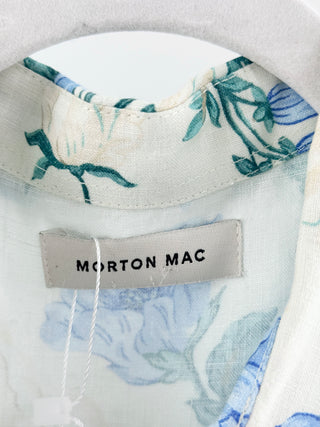 Morton Mac Linen Floral Long Sleeve Mini Shirt Dress White Blue Women Petite Med