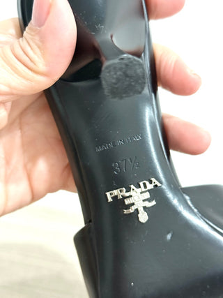 Prada Triangle Logo Patent Leather Flared Heel Mules Sandals Black Size EU 37.5