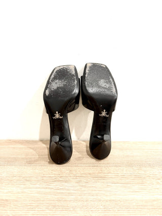 Prada Triangle Logo Patent Leather Flared Heel Mules Sandals Black Size EU 37.5