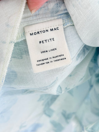 Morton Mac Linen Floral Long Sleeve Mini Shirt Dress White Blue Women Petite Med