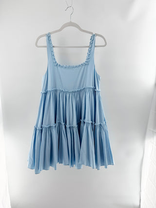 Aje sleeveless mini dress featuring soft gathered panels throughout, designed with wide scoop neckline and thick shoulder straps accented by lace-up whipstitch detailing, 8