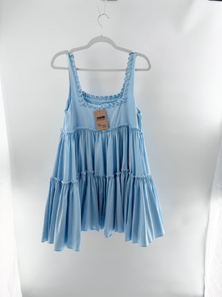 Aje sleeveless mini dress featuring soft gathered panels throughout, designed with wide scoop neckline and thick shoulder straps accented by lace-up whipstitch detailing, 8