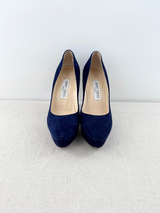 Jimmy Choo Suede and Patent Almond Toe High Heel Platform Pumps Navy Blue EU 36.5