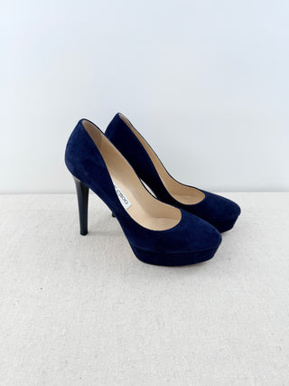 Jimmy Choo Suede and Patent Almond Toe High Heel Platform Pumps Navy Blue EU 36.5
