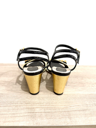 Fendi Studded Metallic & Patent Leather Heeled Sandals Black/Gold Womens EU 37.5