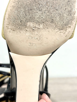 Fendi Studded Metallic & Patent Leather Heeled Sandals Black/Gold Womens EU 37.5