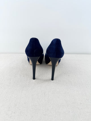 Jimmy Choo Suede and Patent Almond Toe High Heel Platform Pumps Navy Blue EU 36.5