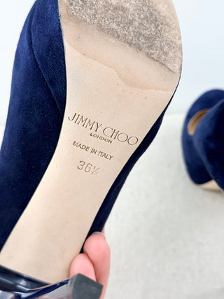 Jimmy Choo Suede and Patent Almond Toe High Heel Platform Pumps Navy Blue EU 36.5