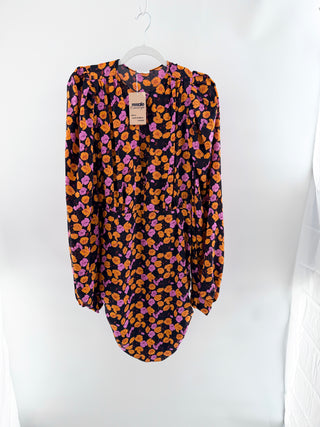 Magda Butrym silk mini shift dress featuring floral print, keyhole neckline, and voluminous long sleeves, 38