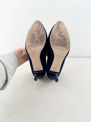 Jimmy Choo Suede and Patent Almond Toe High Heel Platform Pumps Navy Blue EU 36.5