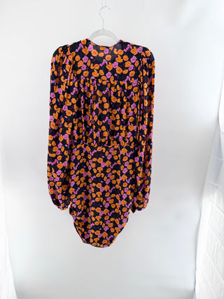 Magda Butrym silk mini shift dress featuring floral print, keyhole neckline, and voluminous long sleeves, 38