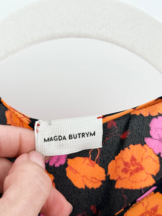 Magda Butrym silk mini shift dress featuring floral print, keyhole neckline, and voluminous long sleeves, 38