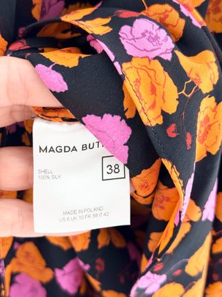 Magda Butrym silk mini shift dress featuring floral print, keyhole neckline, and voluminous long sleeves, 38