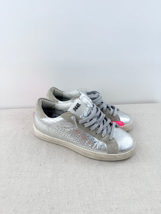 P448 John Metallic Leather Lace-Up Low-Top Sneakers Silver Pink Women's EU 37