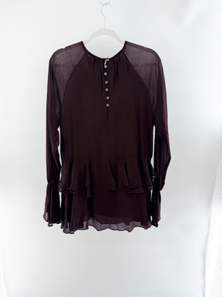 Dissh Bodhi Chiffon Long Sleeve Tiered Mini Dress Dark Chocolate Women's US 4