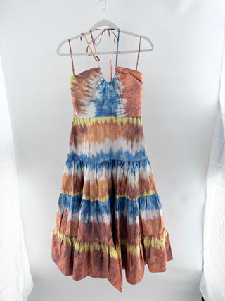 Alexis maxi dress designed with fitted bodice and spaghetti straps that flows into voluminous tiered maxi skirt with soft gathered panels in satin like finish, S