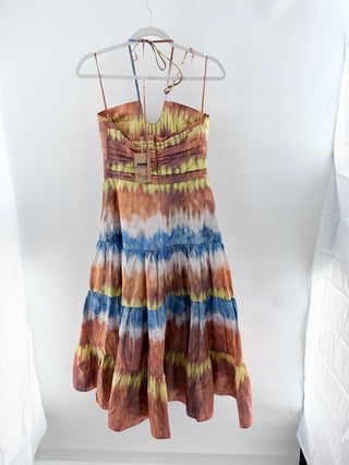 Alexis maxi dress designed with fitted bodice and spaghetti straps that flows into voluminous tiered maxi skirt with soft gathered panels in satin like finish, S