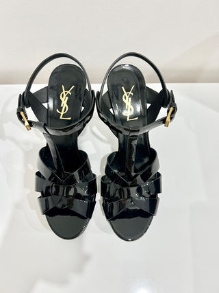 Yves Saint Laurent Tribute Patent Leather Ankle Strap Platform Sandals Black 37