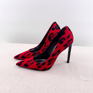 Tom Ford Leather-Trimmed Leopard-Print Velvet Heel Pumps Red Black Womens EU 40