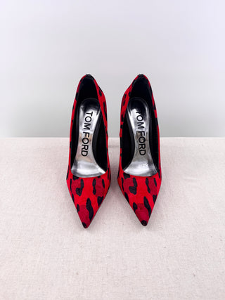 Tom Ford Leather-Trimmed Leopard-Print Velvet Heel Pumps Red Black Womens EU 40