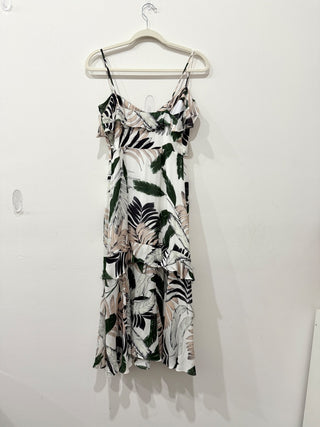 Milly 100% Silk Tropical Print Layered Ruffle Trim Slip Midi Dress Green/White 4