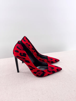 Tom Ford Leather-Trimmed Leopard-Print Velvet Heel Pumps Red Black Womens EU 40