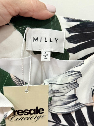 Milly 100% Silk Tropical Print Layered Ruffle Trim Slip Midi Dress Green/White 4