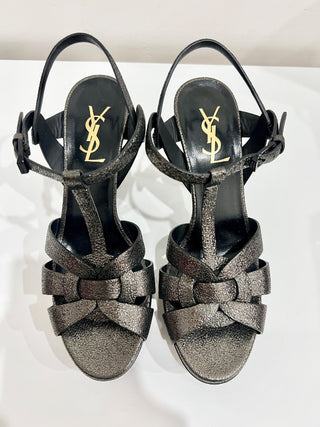 Yves Saint Laurent Tribute Leather Ankle Strap Platform Sandal Metallic Black 37
