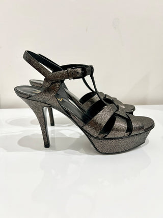 Yves Saint Laurent Tribute Leather Ankle Strap Platform Sandal Metallic Black 37