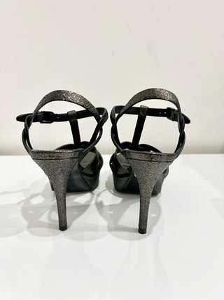 Yves Saint Laurent Tribute Leather Ankle Strap Platform Sandal Metallic Black 37