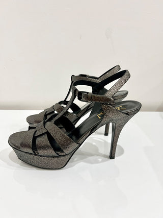Yves Saint Laurent Tribute Leather Ankle Strap Platform Sandal Metallic Black 37