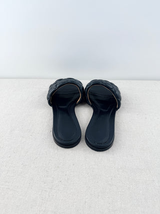 Bottega Veneta Quilted Leather Slip On Flat Slide Sandals Black Womens EU 38