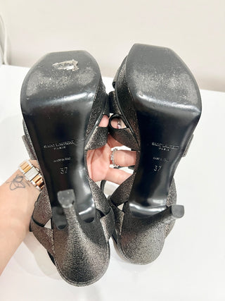 Yves Saint Laurent Tribute Leather Ankle Strap Platform Sandal Metallic Black 37