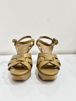 Yves Saint Laurent Tribute Patent Leather Ankle Strap Platform Sandals Nude 36.5